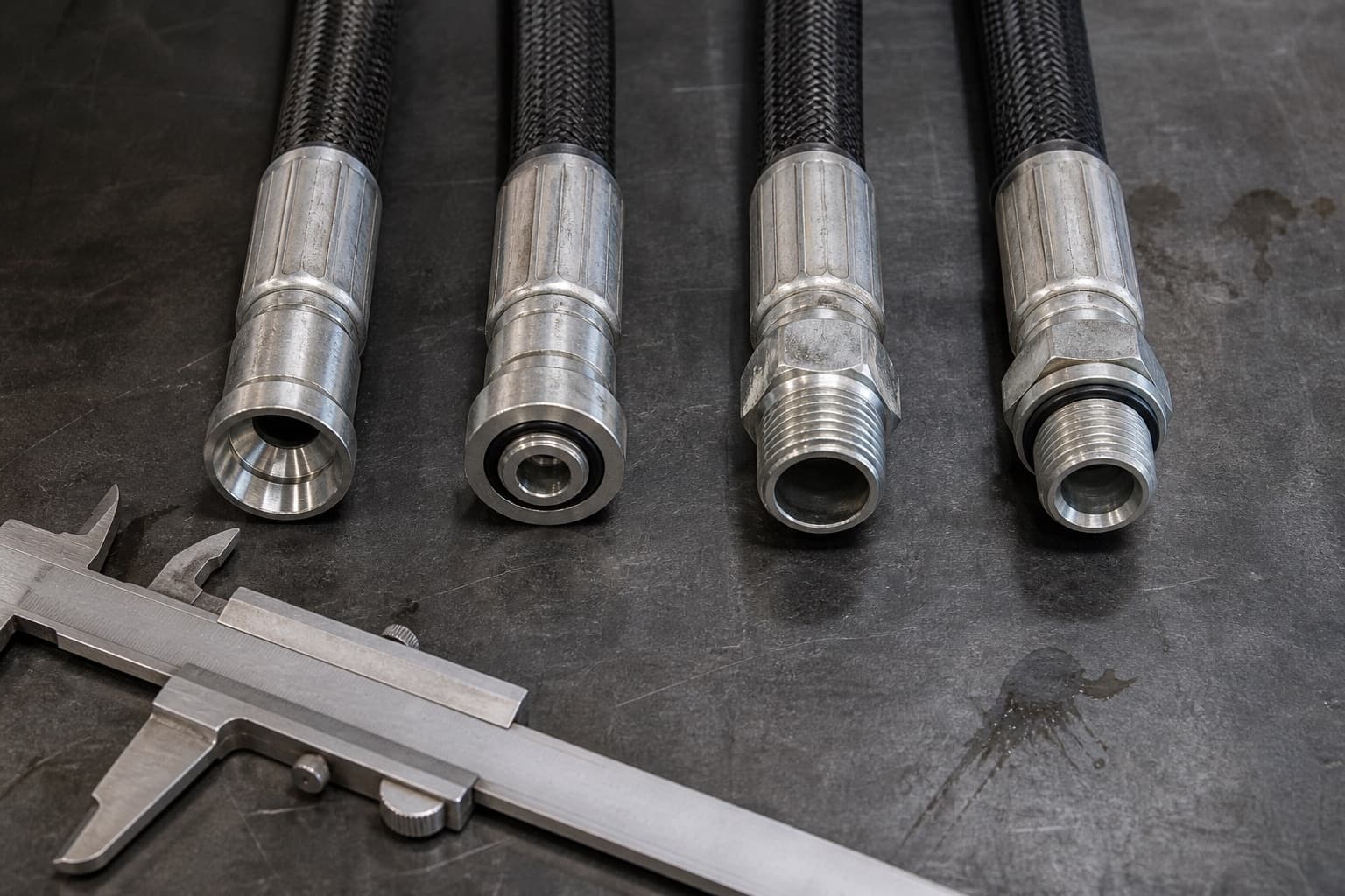 Four hydraulic hose ends in a row showing a 37-degree cone seat, a flat face with O-ring, a tapered pipe thread and a parallel thread