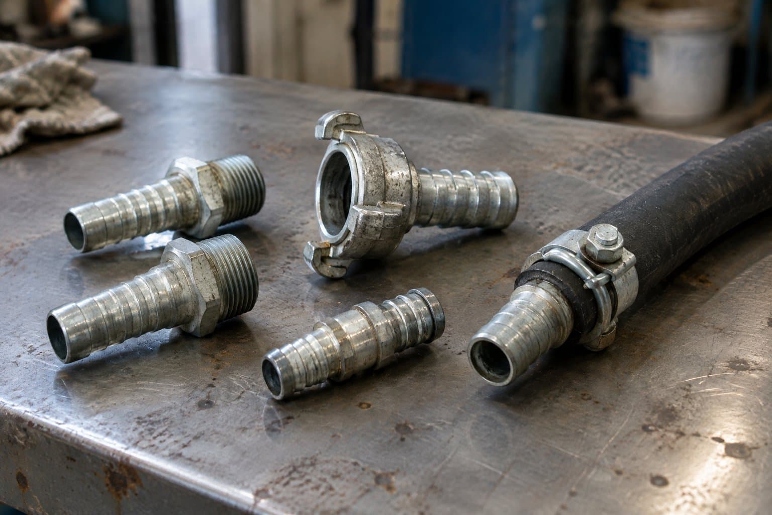 Galvanised KC nipples, a pin-lug shank coupling and a hose mender laid out on a bench, one clamped into a rubber hose