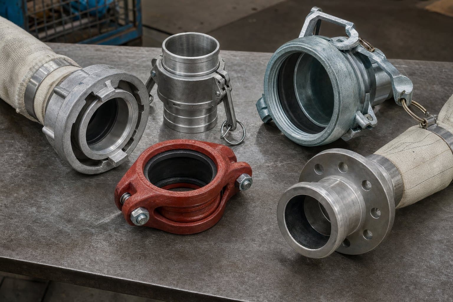 Large-bore hose couplings on a workbench: Storz, cam and groove, grooved clamp and flanged couplings, some on hose