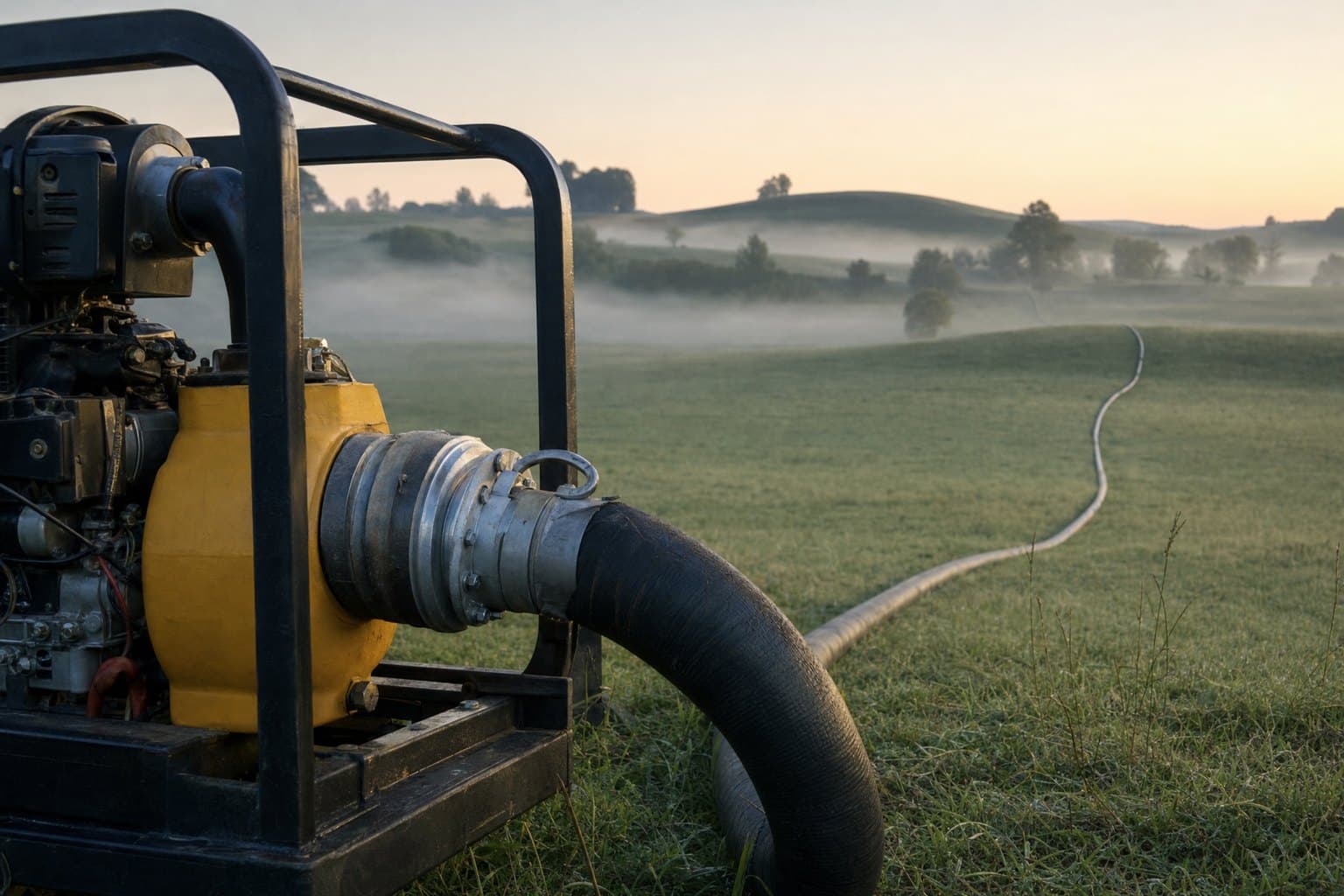 Diesel pump discharging into a black lay flat hose that runs across misty rolling countryside into the distance