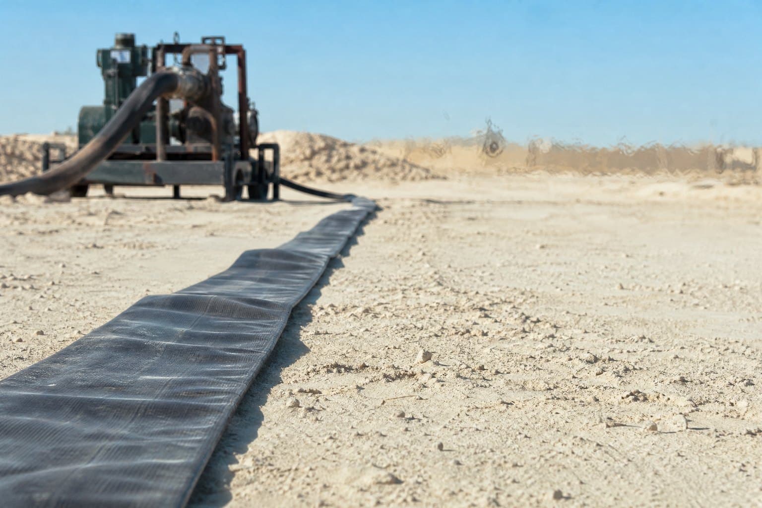 Empty black lay flat hose lying flat on pale desert sand under harsh midday sun, pump unit in the distance