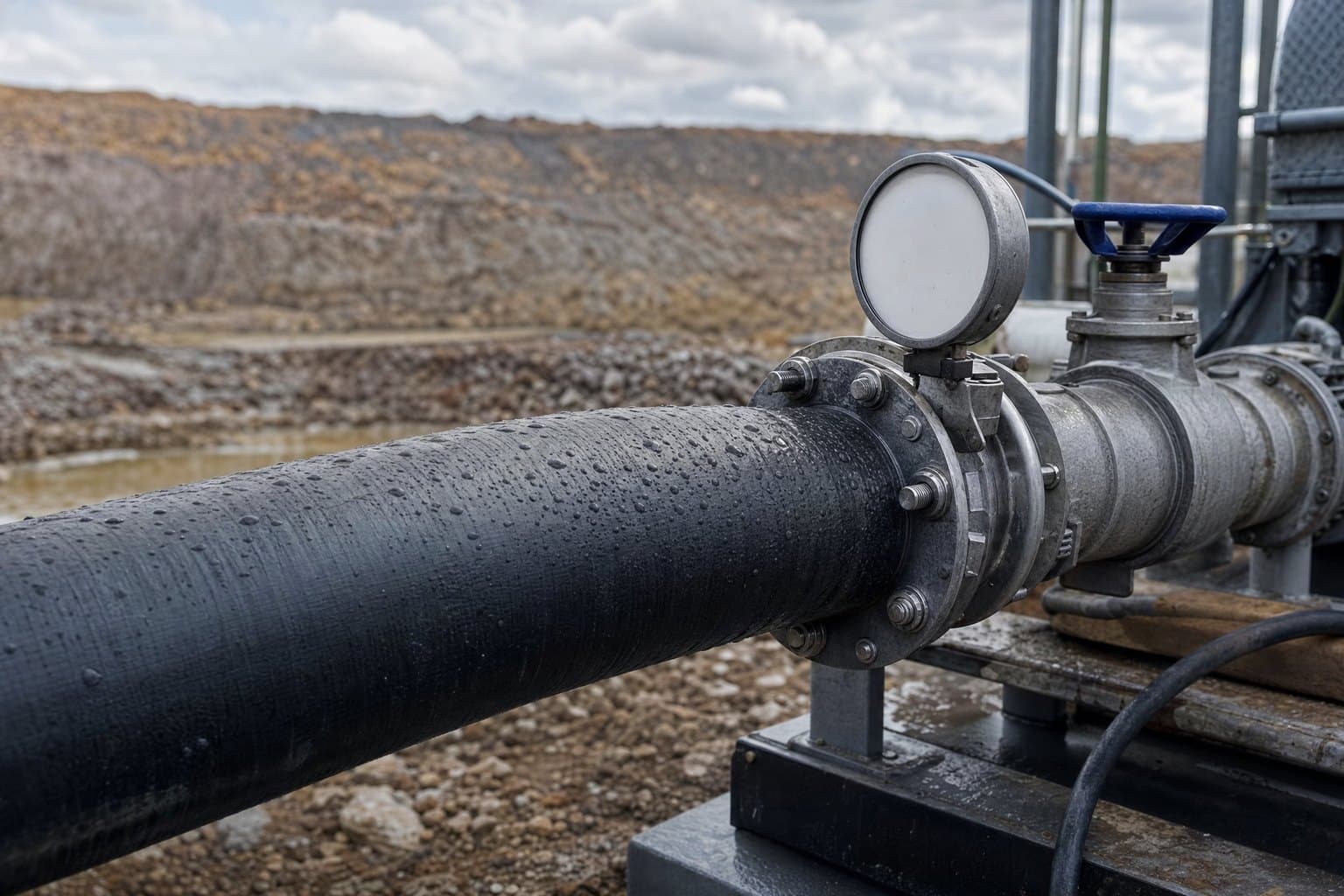 Pressurised black lay flat hose on a pump discharge manifold with a pressure gauge and valve at a mine site