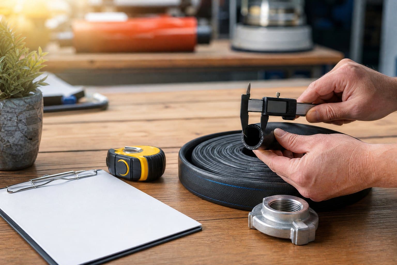 Digital caliper measuring the bore of a coiled black lay flat hose sample beside a coupling, tape measure and clipboard