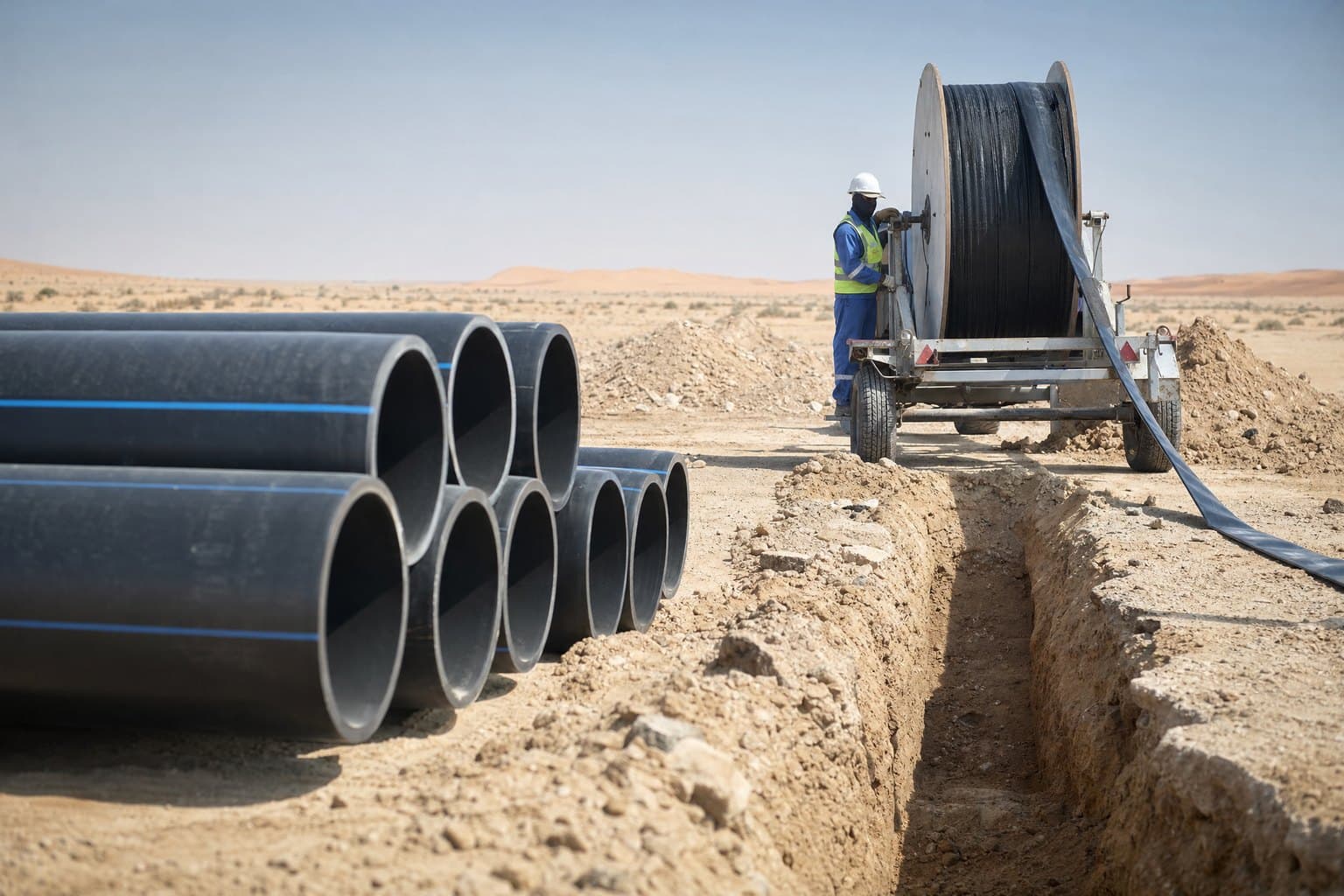 HDPE pipe sections stacked by a trench while a worker runs black lay flat hose off a trailer-mounted reel