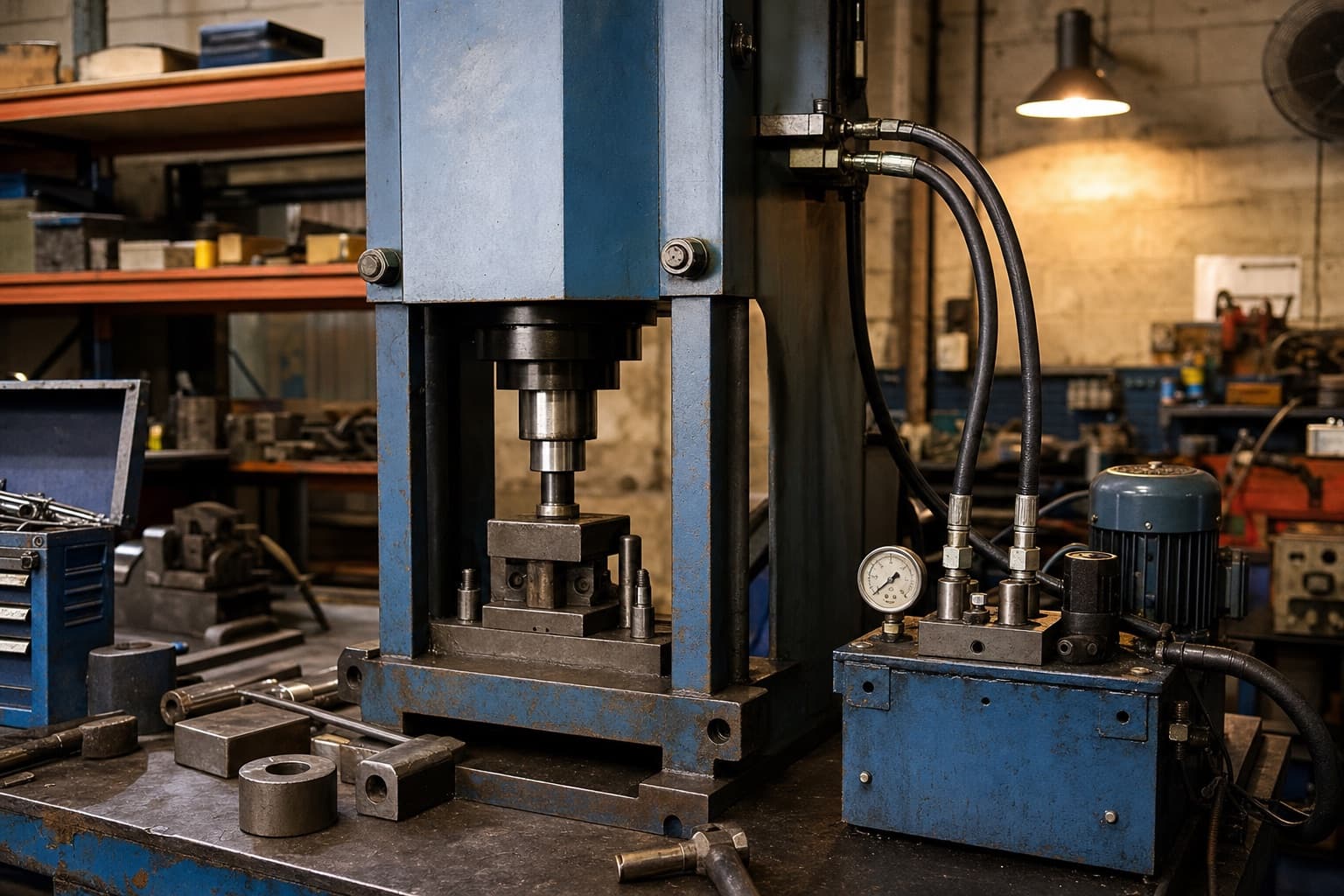 A hydraulic workshop press with its ram partway onto a steel workpiece, pump unit, pressure gauge and two hoses in frame