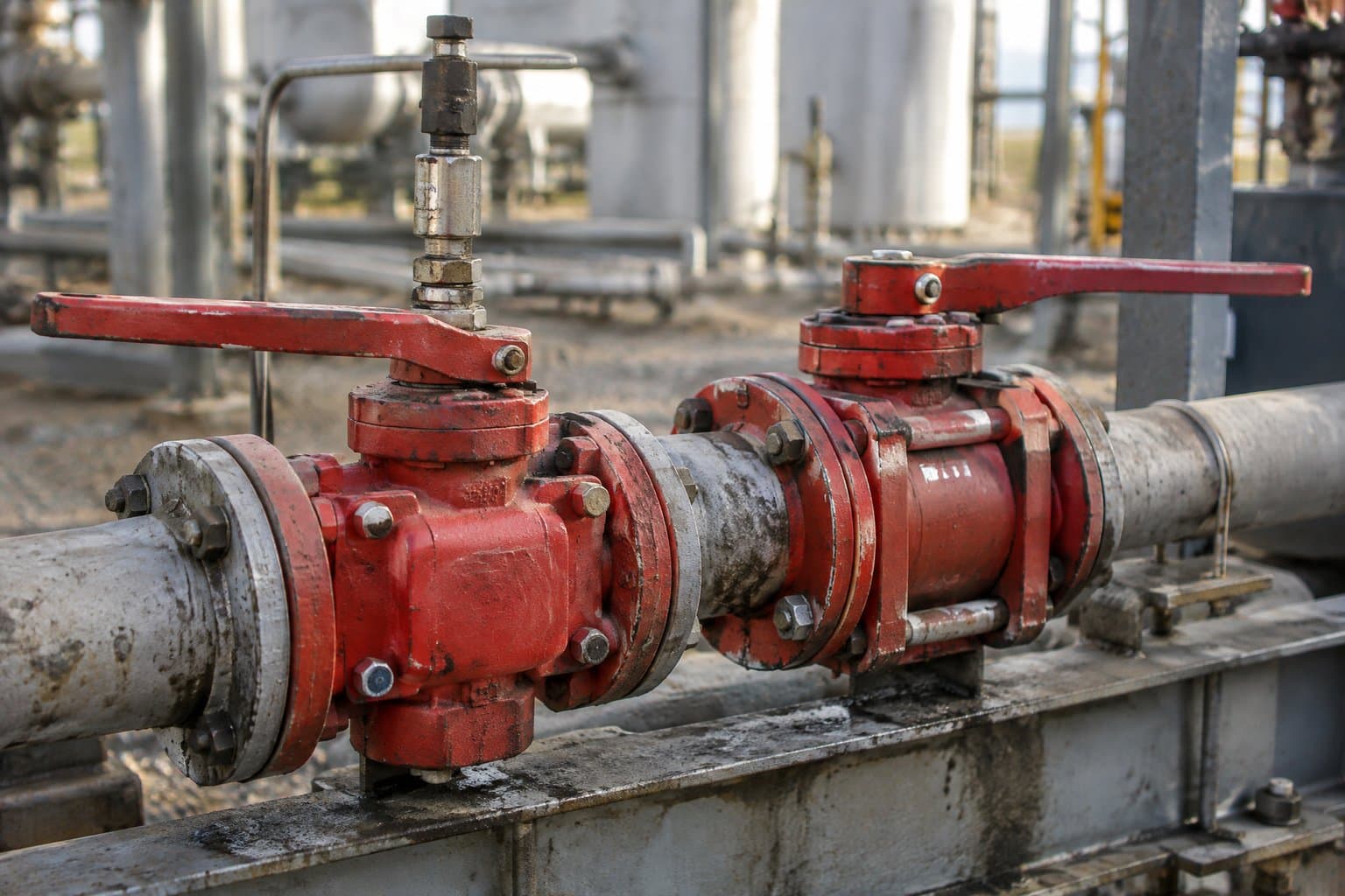 Two plug valves with quarter-turn handles on a treating line skid