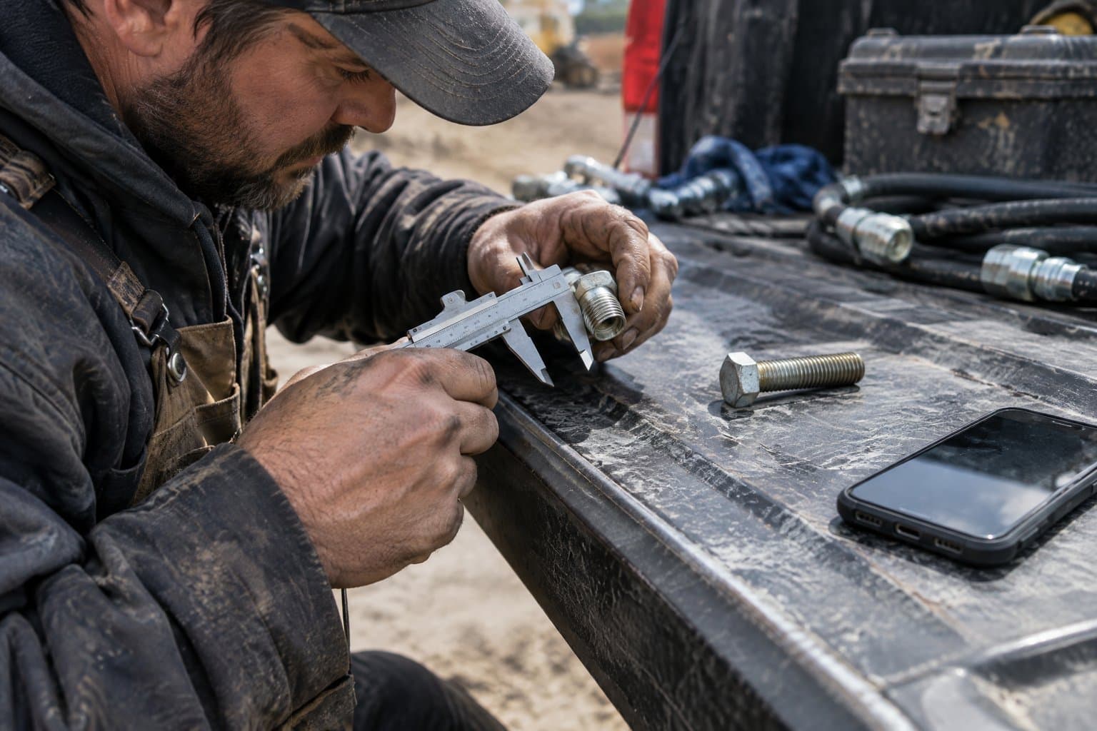 A mechanic measuring a fitting's thread with a caliper beside a known bolt on a tailgate