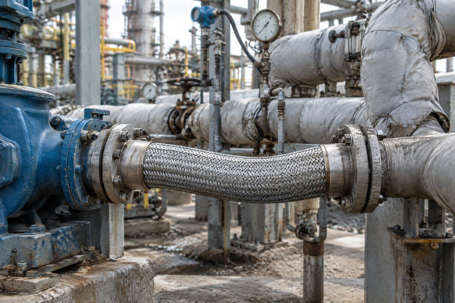 Braided stainless metal hoses installed on refinery pipework, one linking a pump to a pipeline