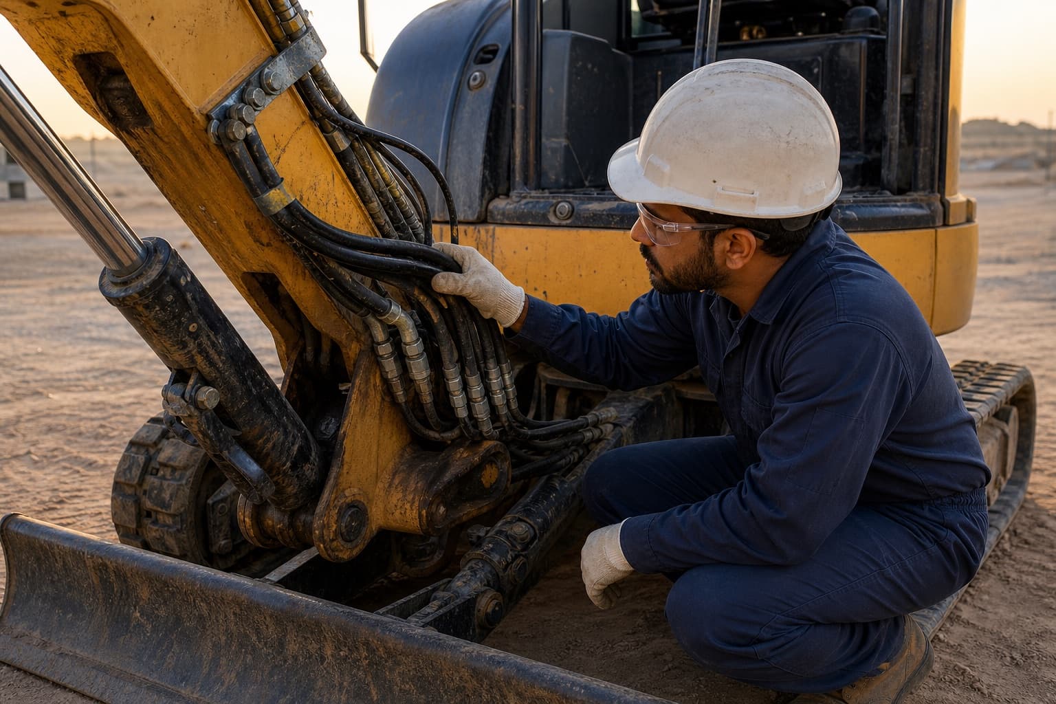 A technician crouched at the boom-to-arm crossing of a mini excavator, lifting a hose to inspect underneath it