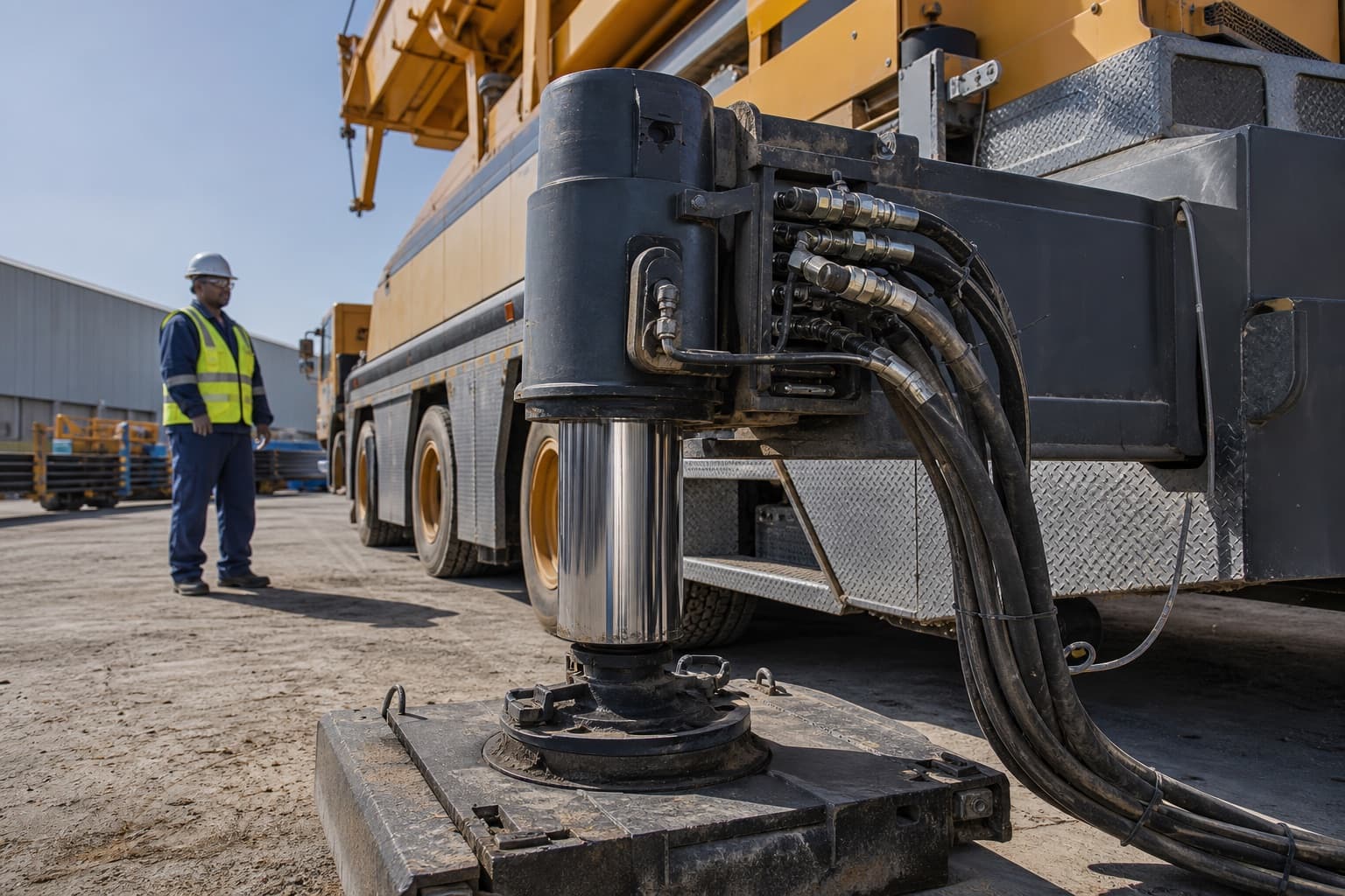 Hydraulic hoses feeding an outrigger leg on an all-terrain mobile crane set up on site