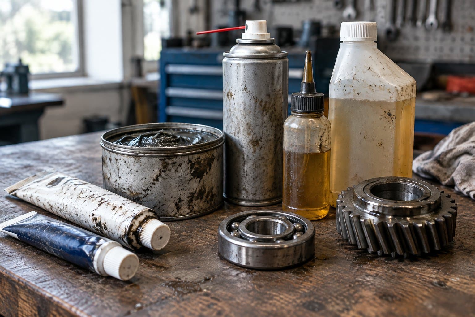 Unbranded lubricant containers — grease, paste, aerosol, oil and dispersion — beside a bearing and gear