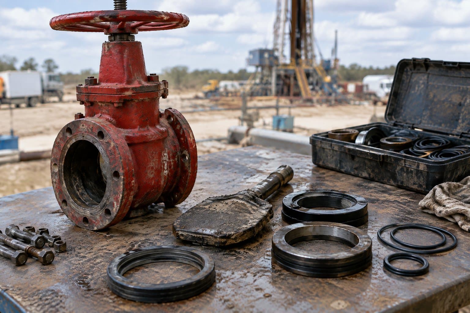 A disassembled mud gate valve with gate, seats and seals laid out beside the body