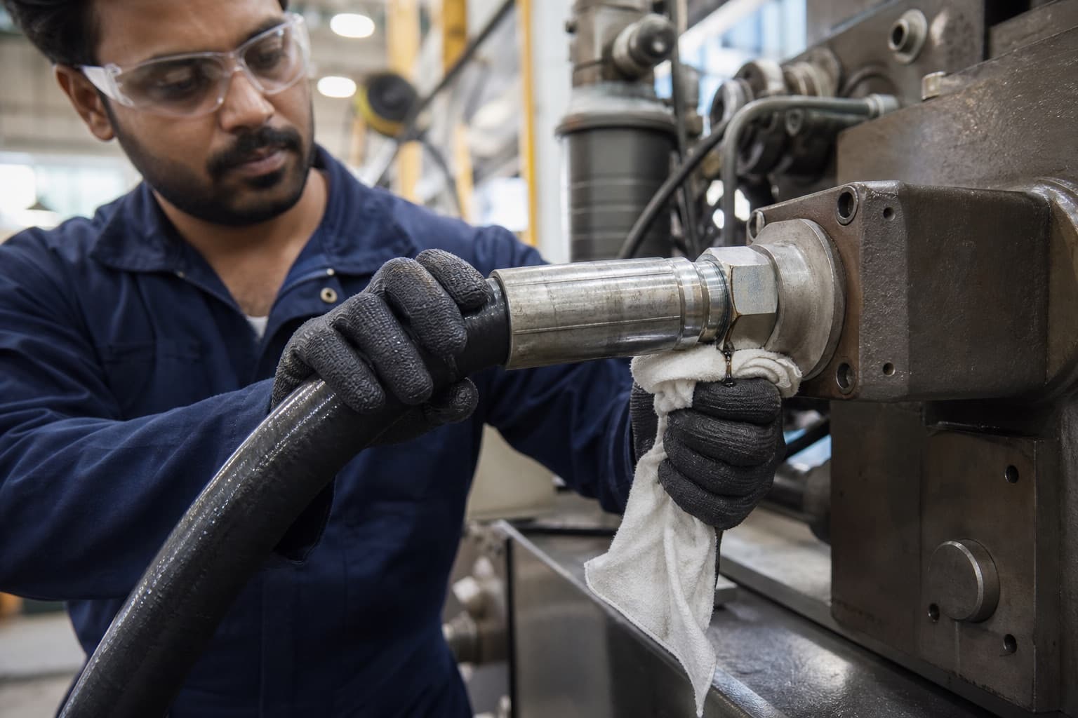 A technician wiping a freshly fitted hydraulic hose joint dry with a rag, a bead of oil forming at the union nut