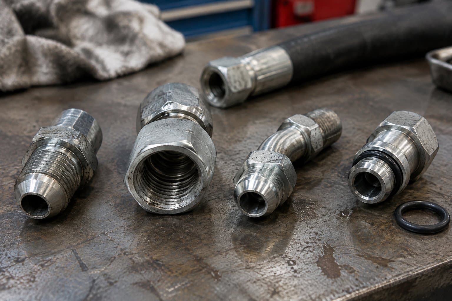 NPT, NPSM swivel, 37-degree flare and O-ring boss hose fittings side by side on a bench