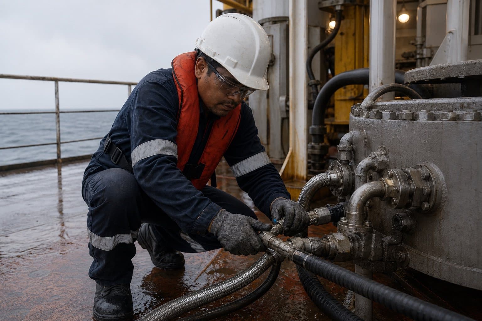 A technician in helmet and lifejacket checking hydraulic hose connections on offshore deck machinery, open grey water beyond the handrail
