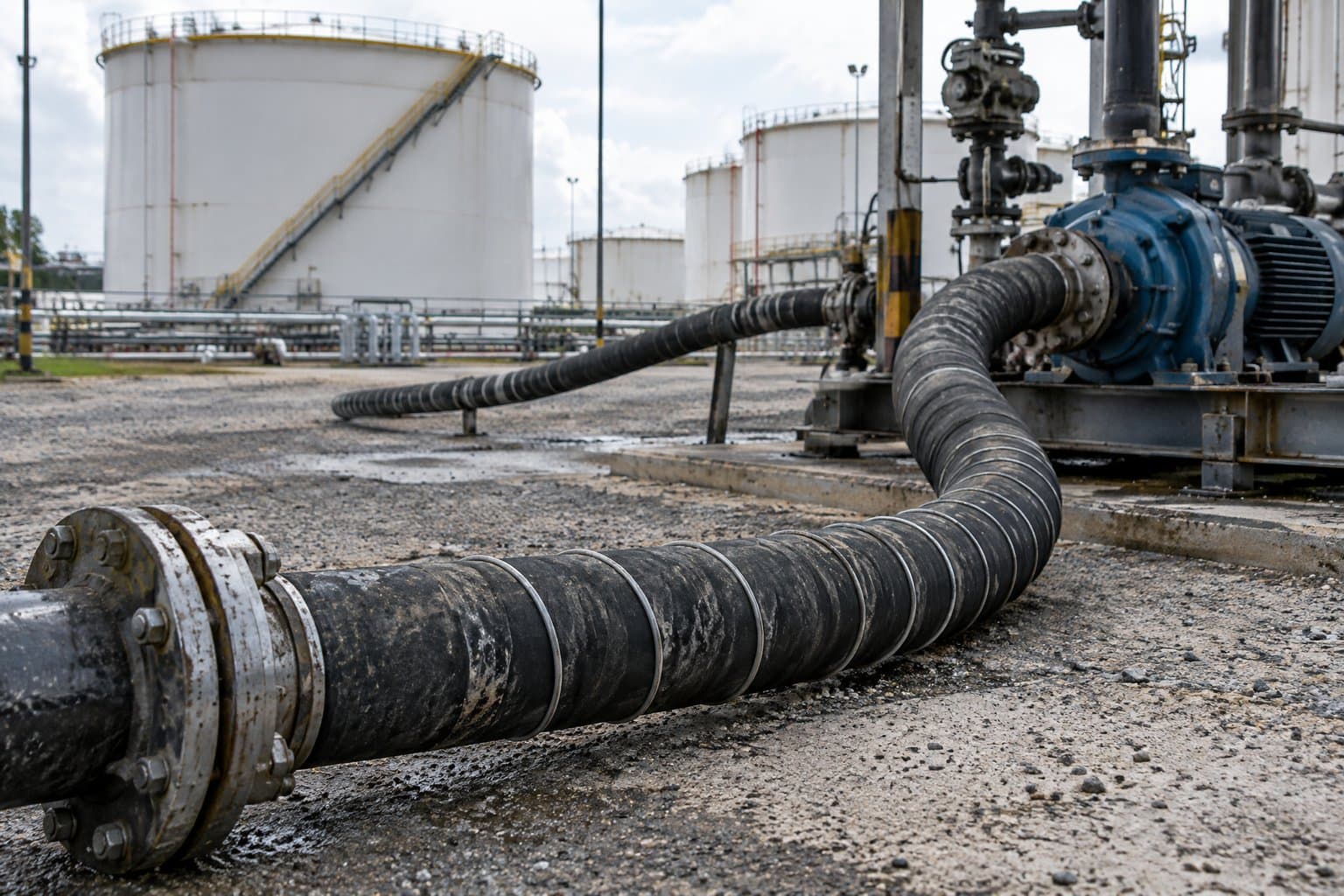 A heavy oil suction and discharge hose connected to a pump skid at a tank farm