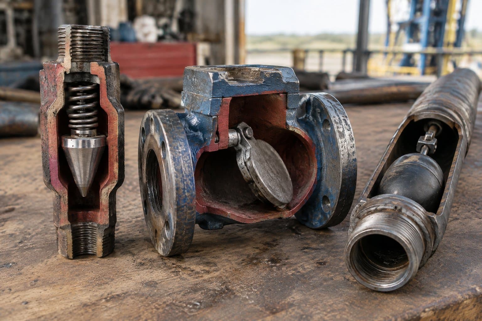 Cutaway dart and swing check valves with a drill pipe float valve on a bench
