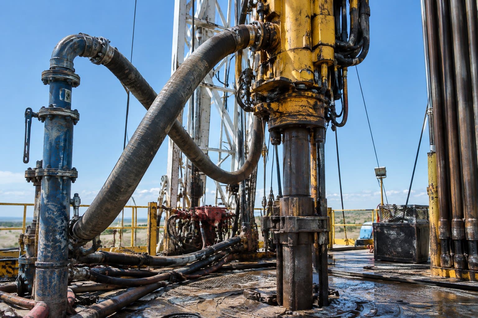 A rotary drilling hose looping from the standpipe to the top drive on a land rig