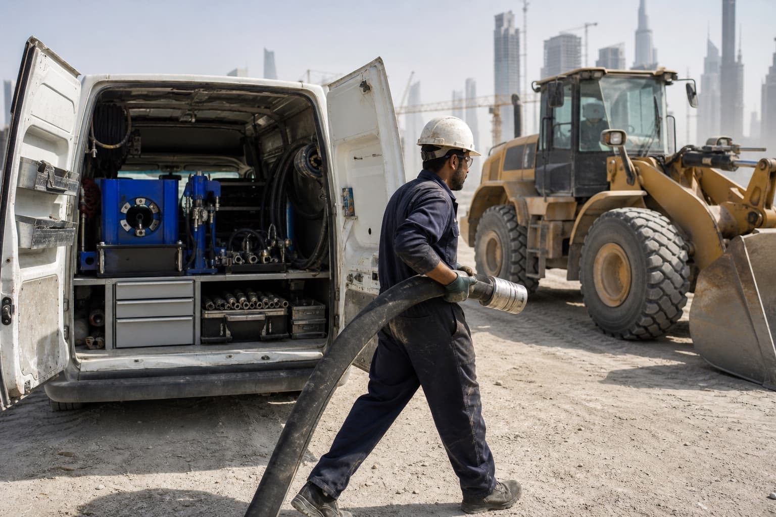 A mobile hose service van open at a construction site, a technician carrying a freshly built assembly towards a stopped wheel loader