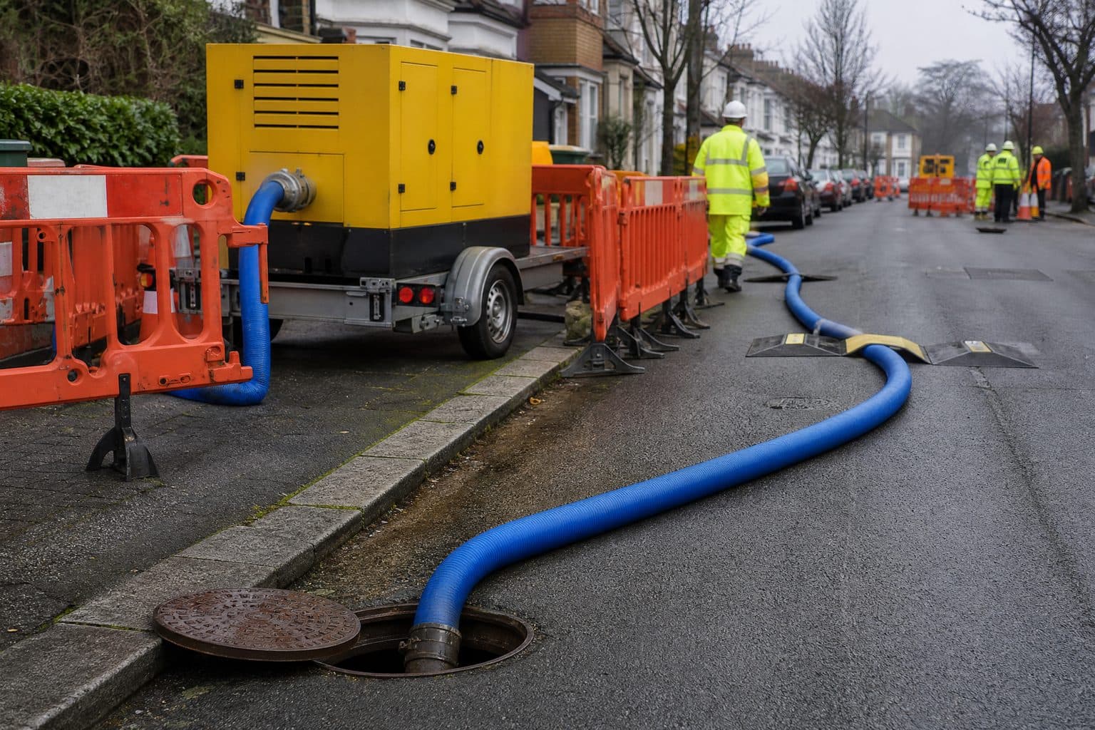 Diesel pump on a trailer behind road-work barriers with blue lay flat hose running along a street into a manhole