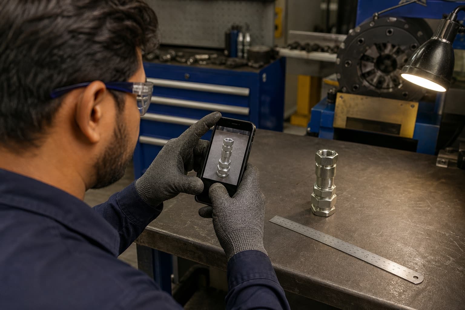 A technician photographing a hydraulic fitting with a phone, the fitting standing square-on beside a steel rule under a work lamp