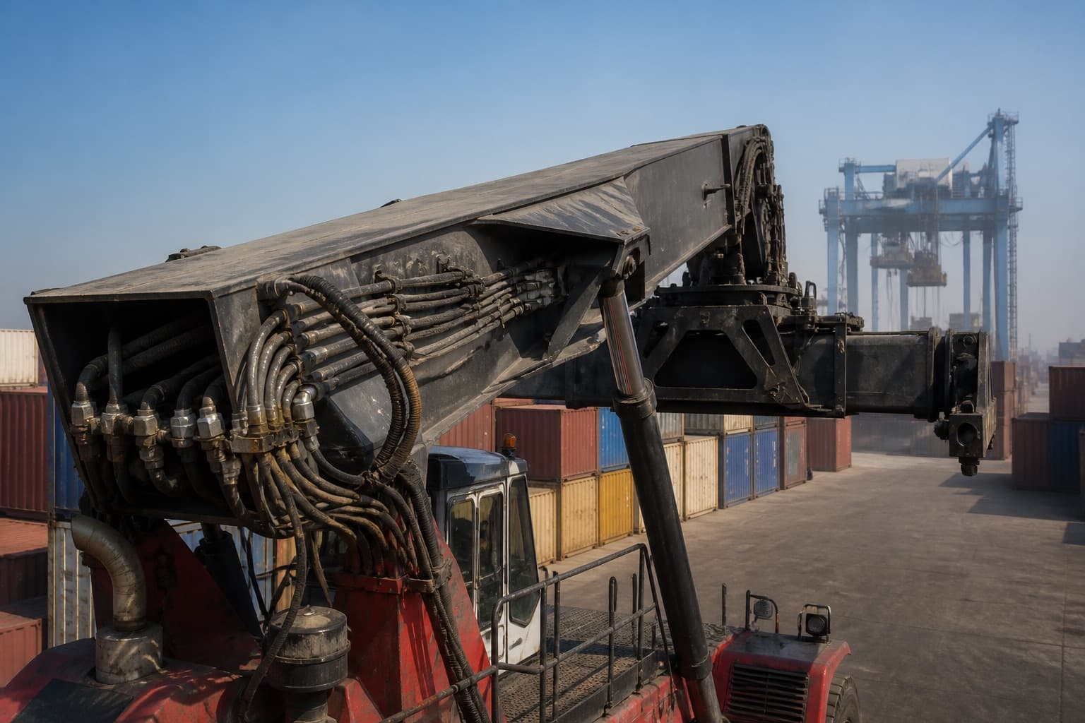 A reach stacker working in a container terminal, hydraulic hose runs along the lifting boom, stacked containers and a gantry crane behind
