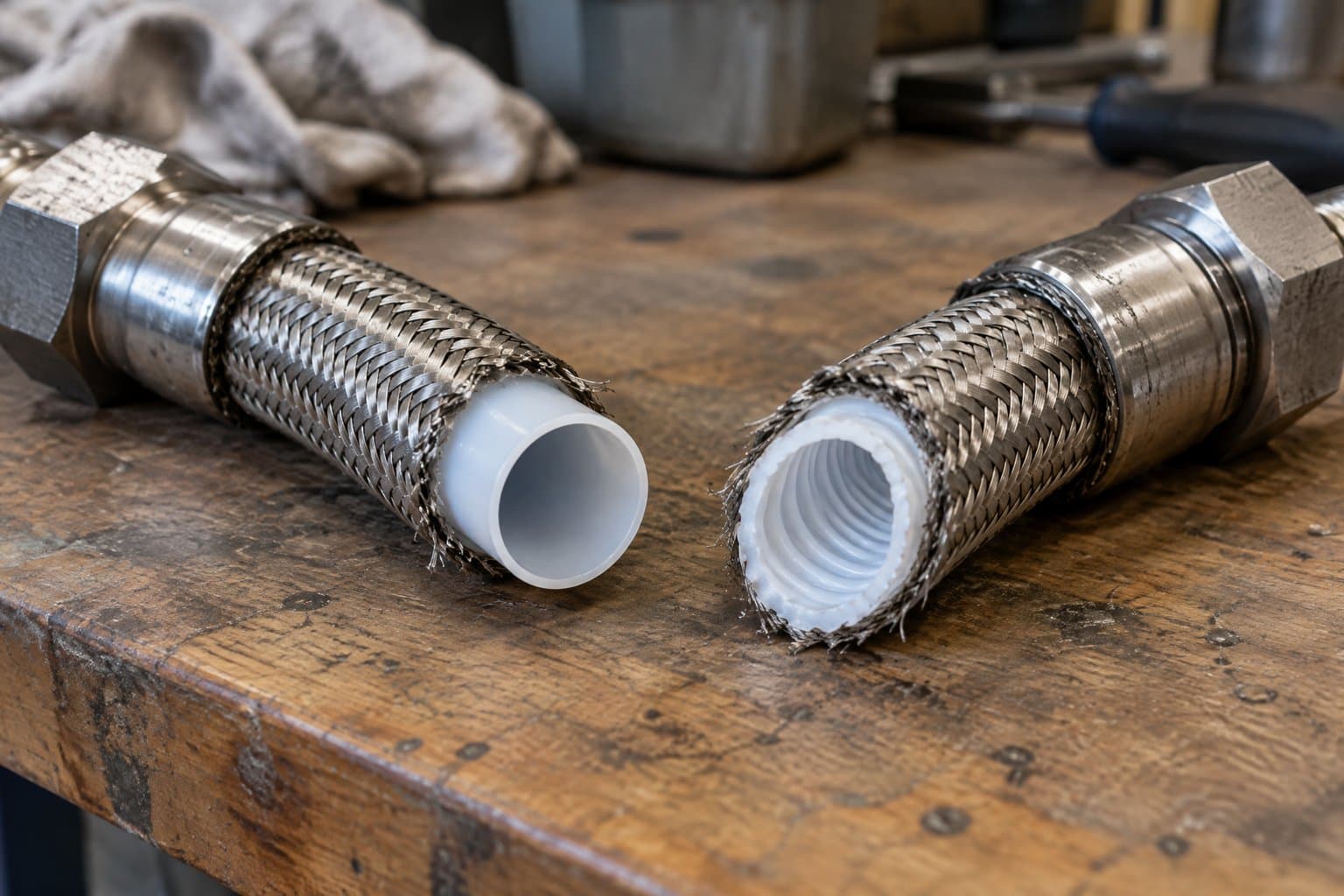 A smoothbore and a convoluted PTFE hose cut open on a bench, each with stainless braid and a crimped fitting