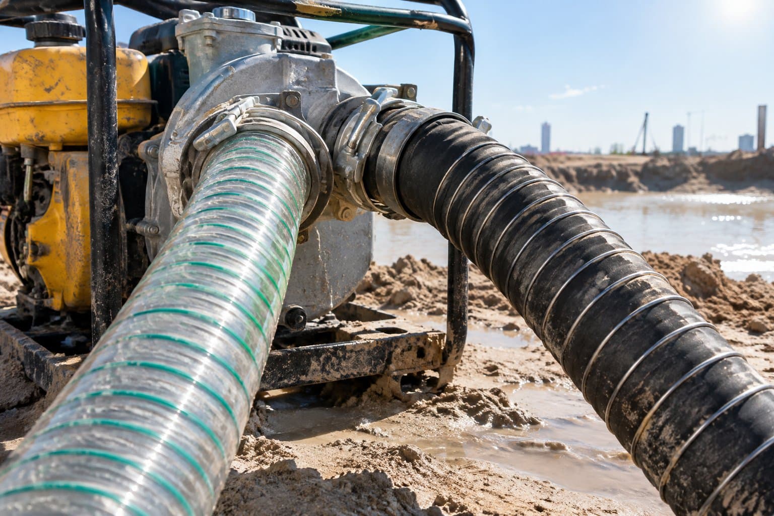 A clear PVC suction hose and a black rubber suction hose side by side on a dewatering pump in strong sun