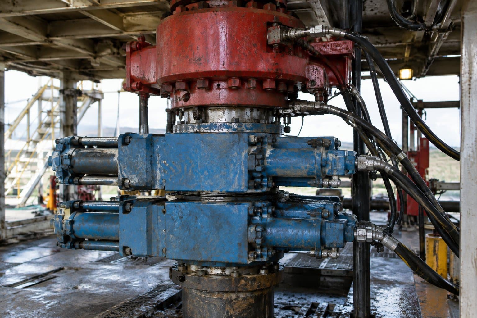 A BOP stack under a rig floor, the annular preventer above the ram preventers