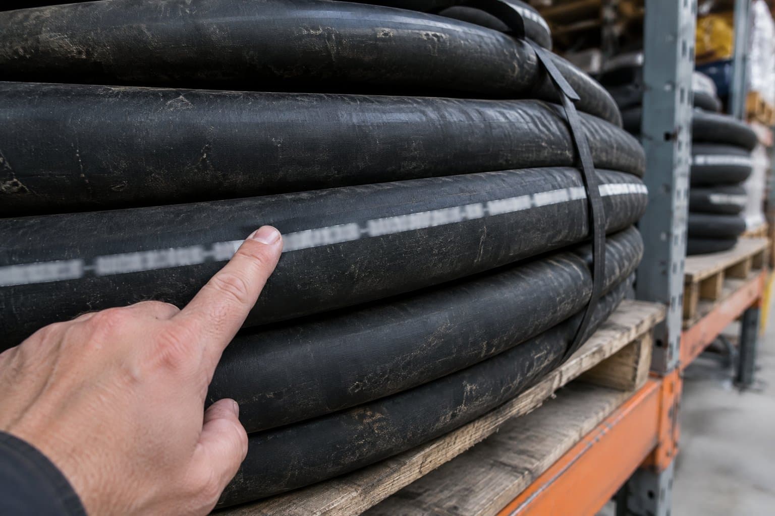A fingertip on the printed layline running along a coiled black industrial hose on a warehouse shelf
