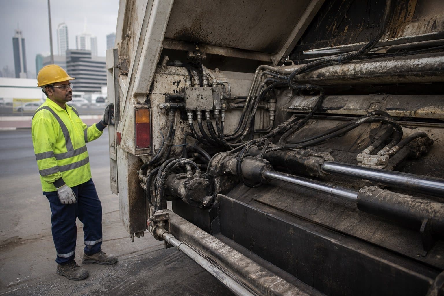 The raised tailgate of a refuse collection truck exposing grimy compaction cylinders, hoses and a hydraulic manifold