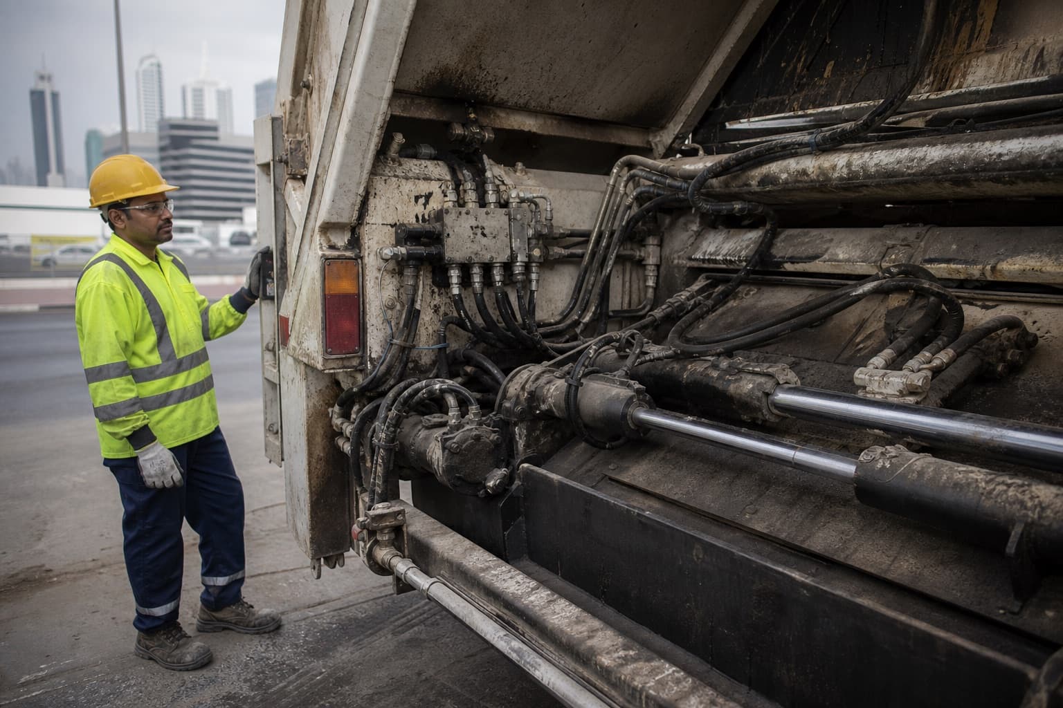 The raised tailgate of a refuse collection truck exposing grimy compaction cylinders, hoses and a hydraulic manifold
