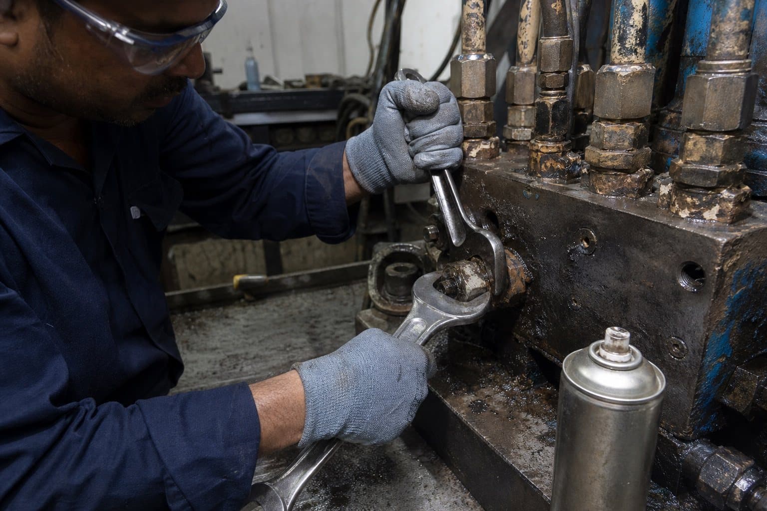 A technician working two spanners on a corroded hydraulic fitting in a machine manifold, the hex visibly rounding, penetrating fluid to hand