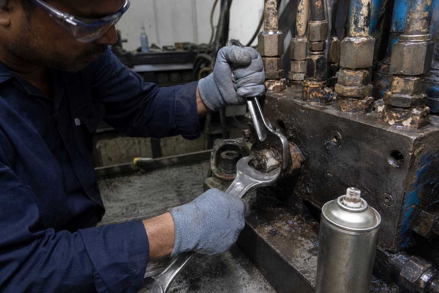 A technician working two spanners on a corroded hydraulic fitting in a machine manifold, the hex visibly rounding, penetrating fluid to hand