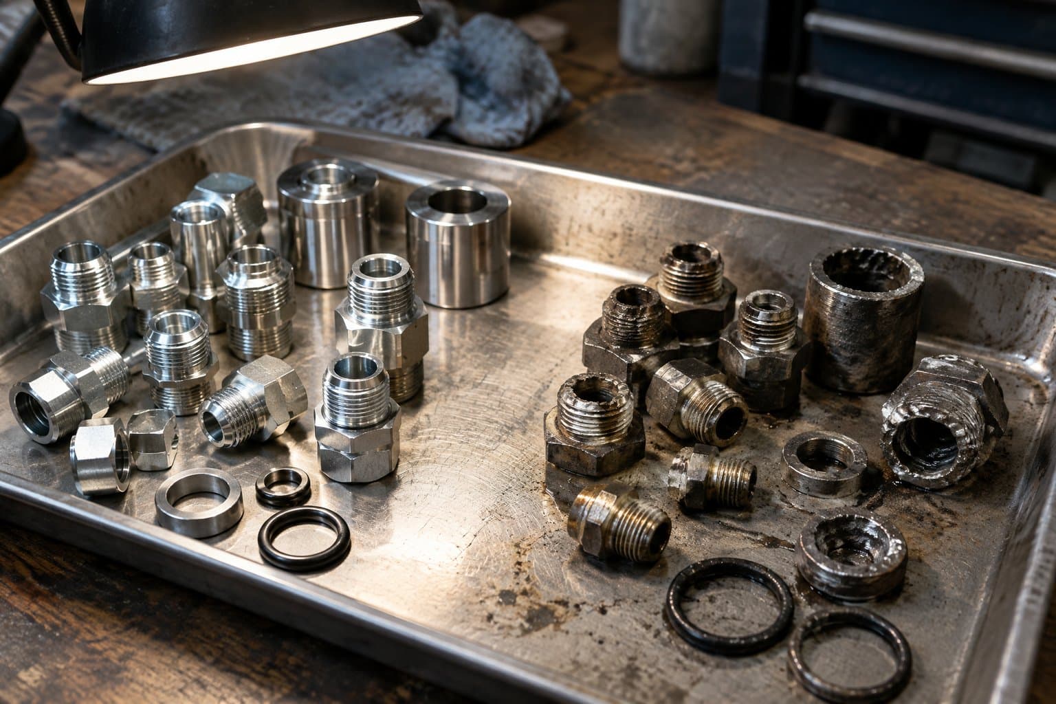 A tray of rebuild parts under a bench lamp, good fittings sorted from damaged ones