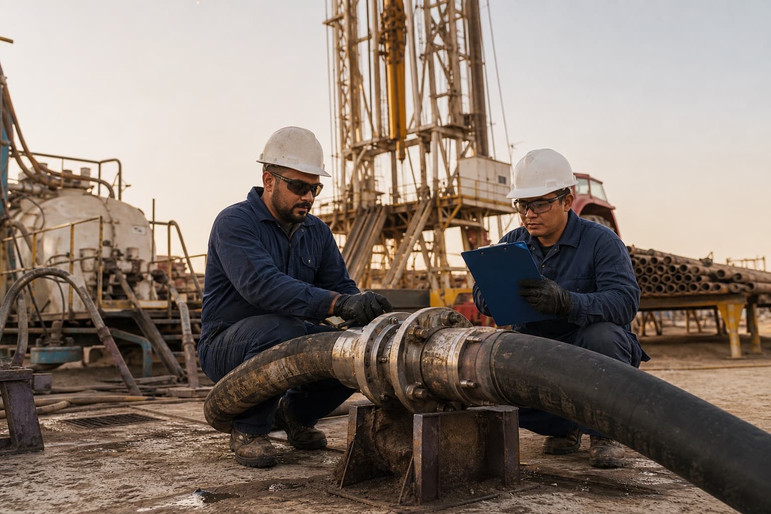 Two technicians in flame-resistant coveralls checking a large-bore oilfield hose connection at a land rig in the Abu Dhabi desert