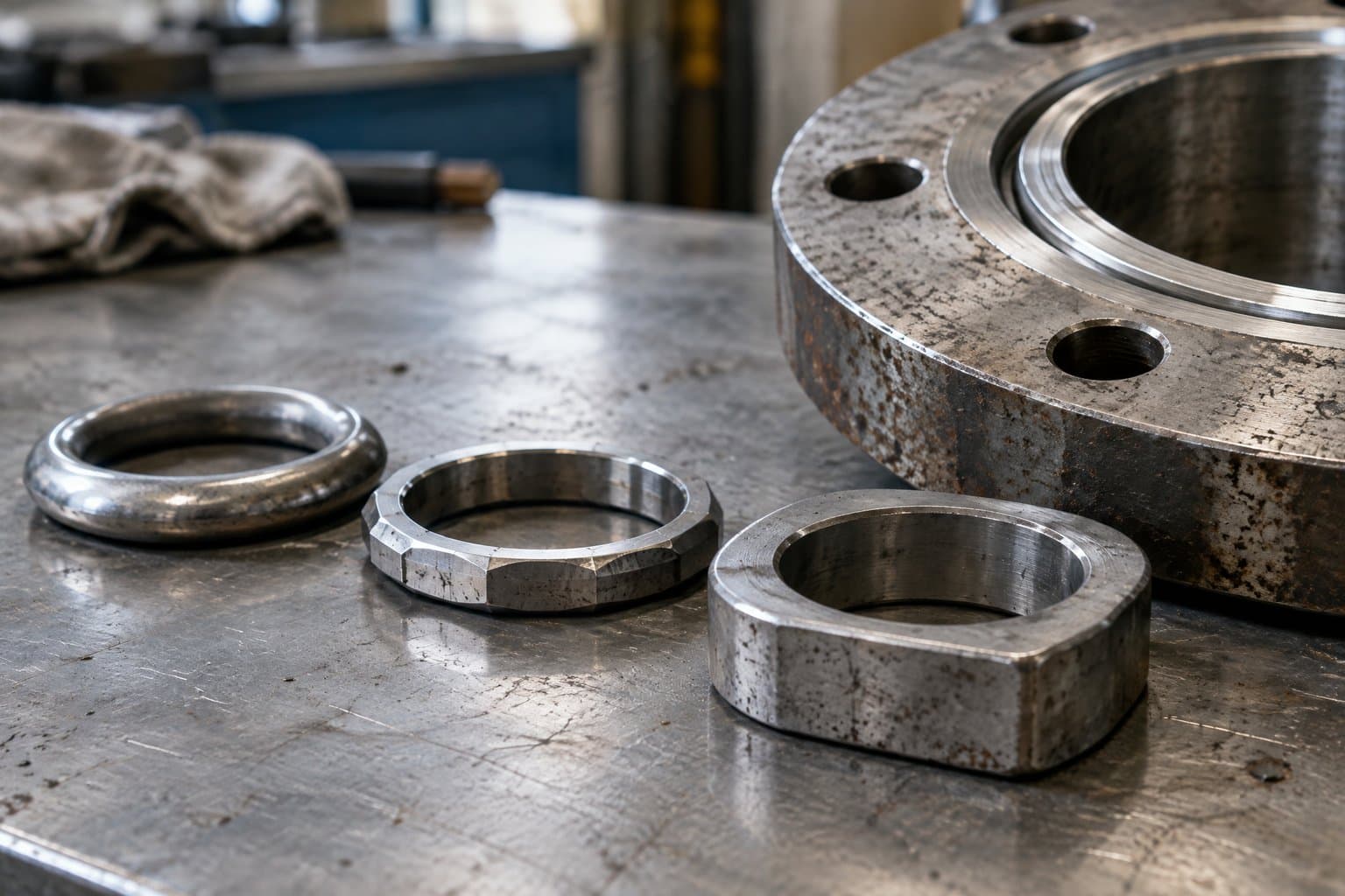 Three metal ring joint gaskets on a bench with oval, octagonal and BX profiles, beside a flange face with a ring groove