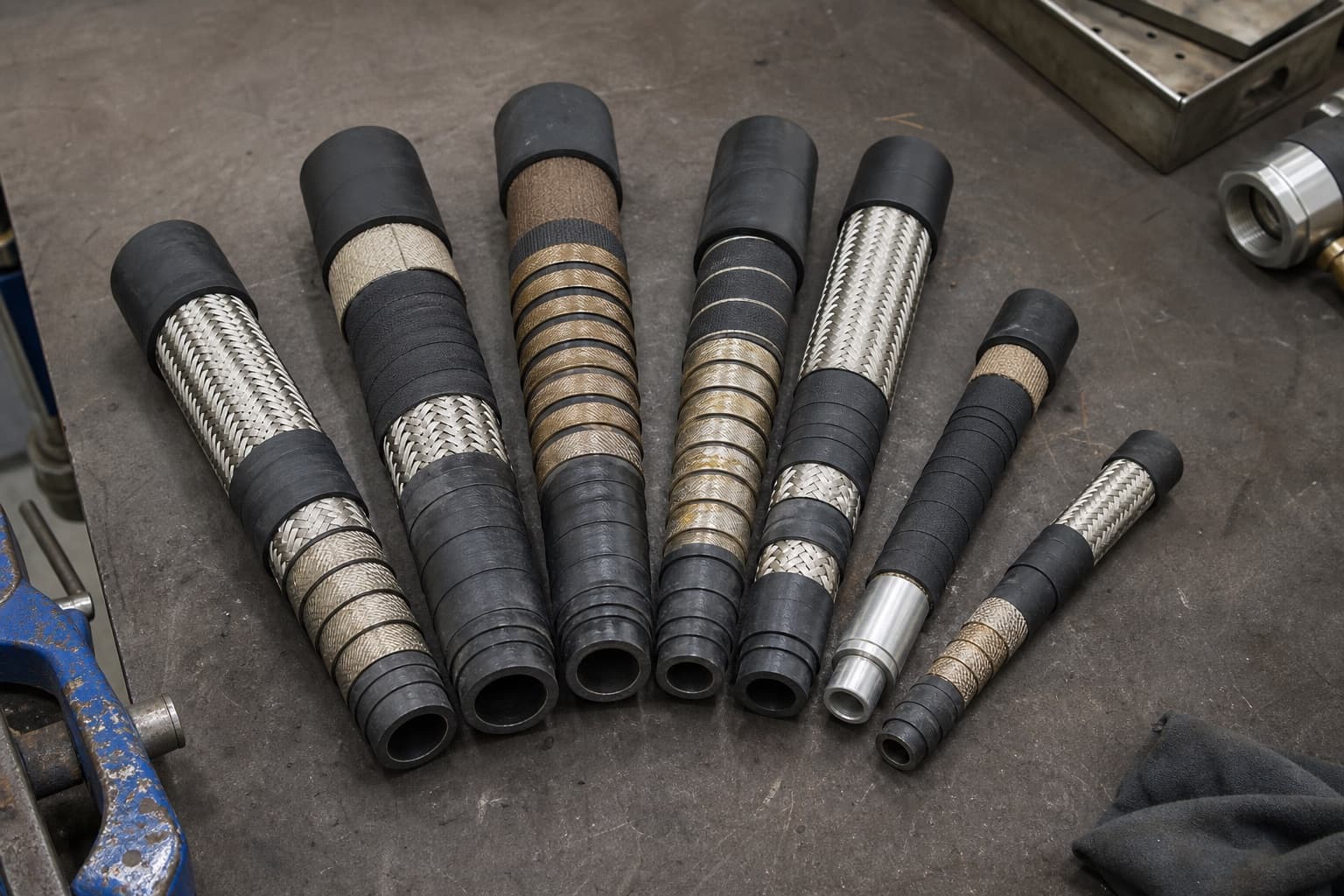 Hydraulic hose samples fanned out on a bench, each cut back in steps to expose tube, reinforcement and cover