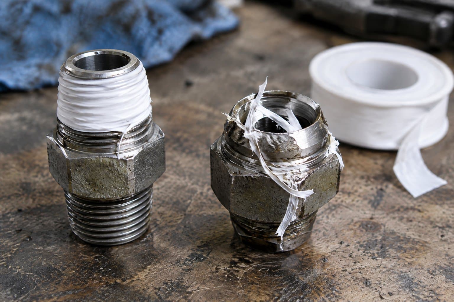 A taped tapered-thread fitting beside a cone-seat fitting with shredded PTFE tape caught on its seat
