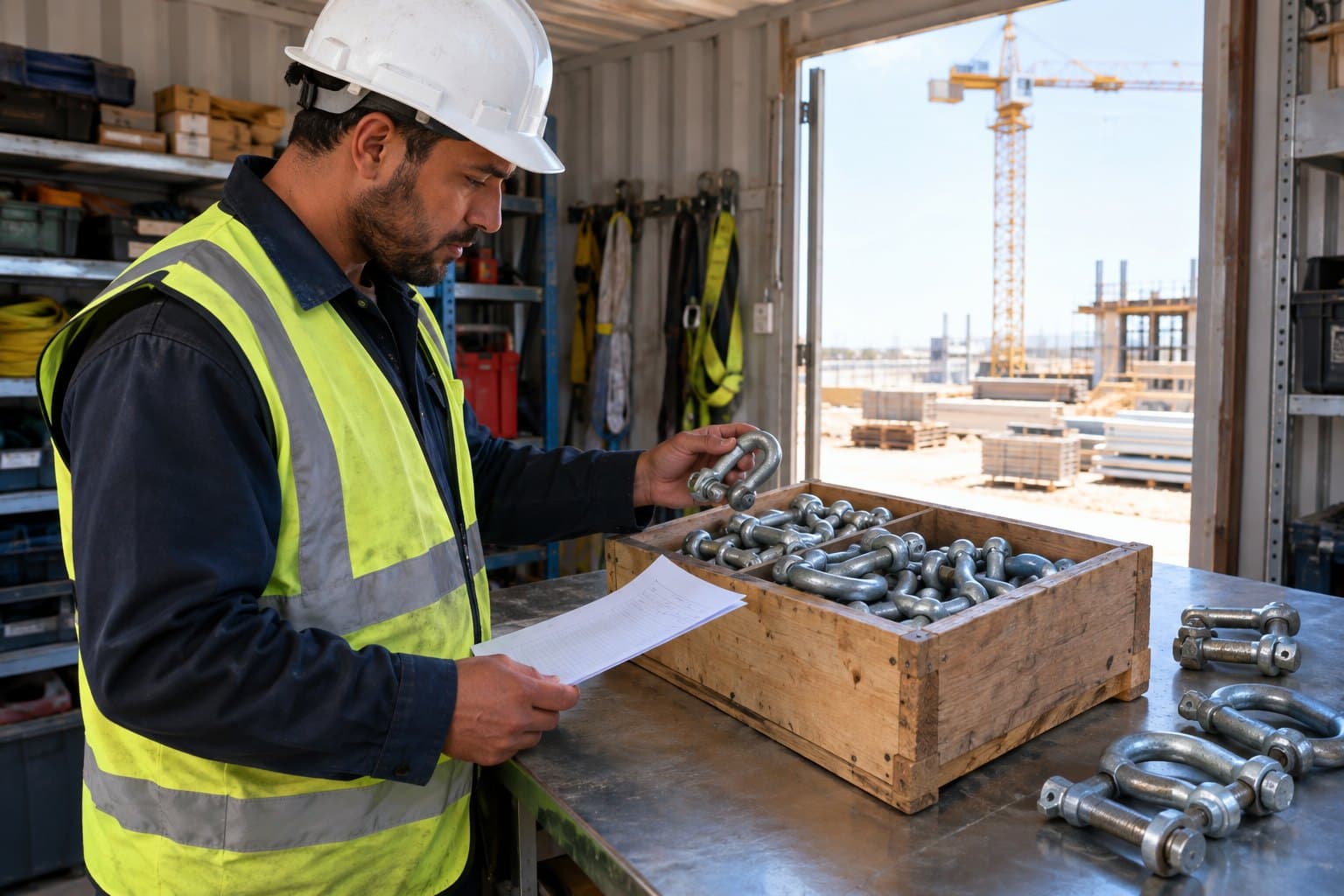 Site storekeeper checking a crate of galvanized screw-pin and bolt-type shackles against a delivery note, tower crane outside