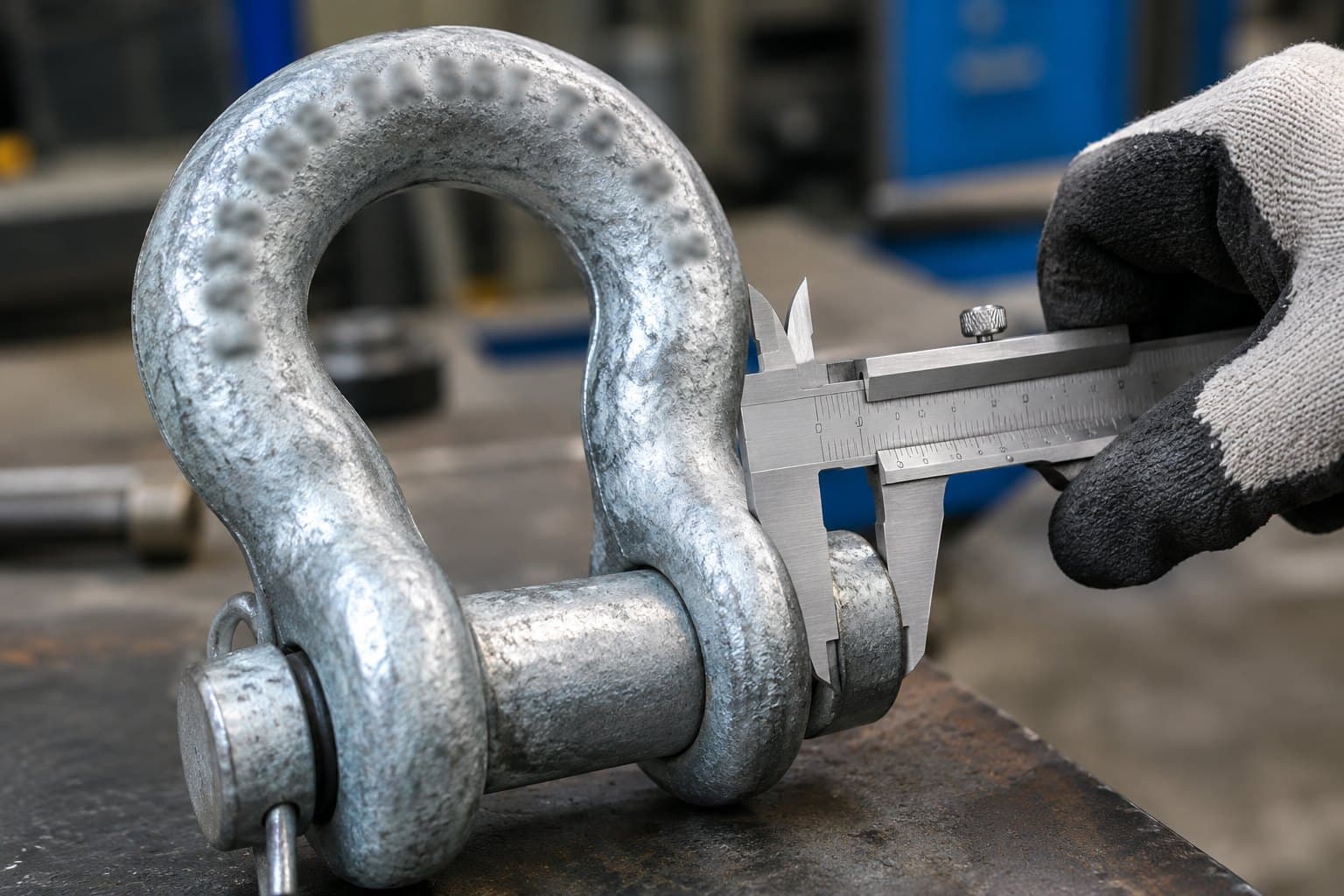 Inspector in a work glove measuring a forged galvanized shackle pin with a vernier caliper, forged marks on the bow