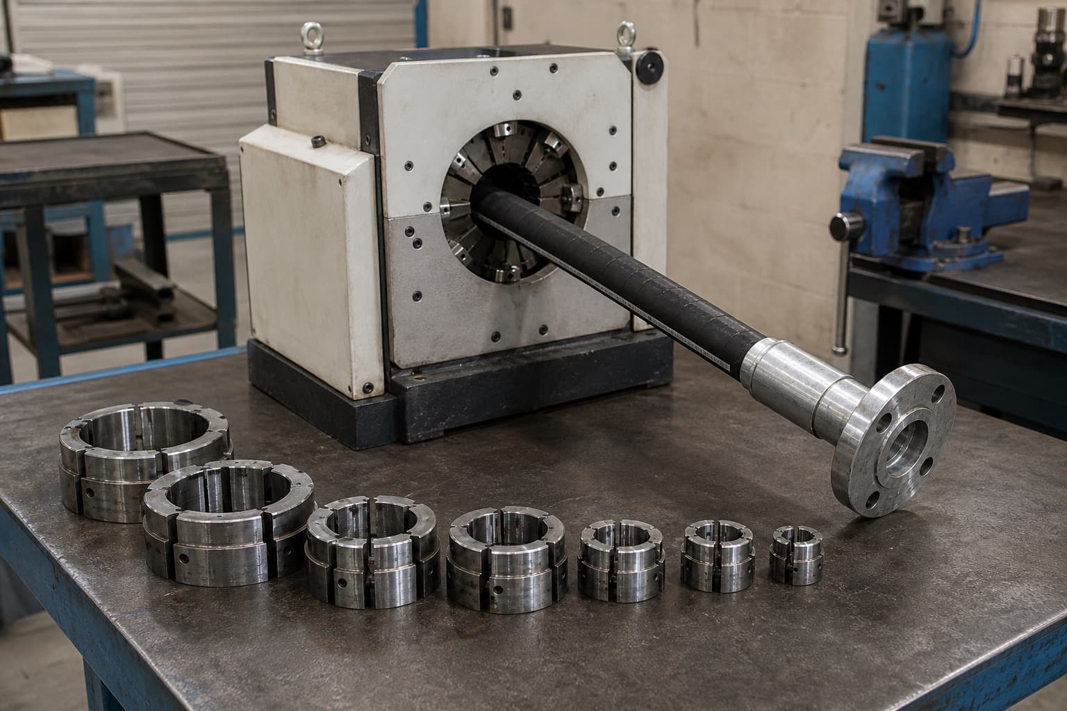A hydraulic hose crimping machine on a bench with its full set of die rings laid out in an arc from largest to smallest