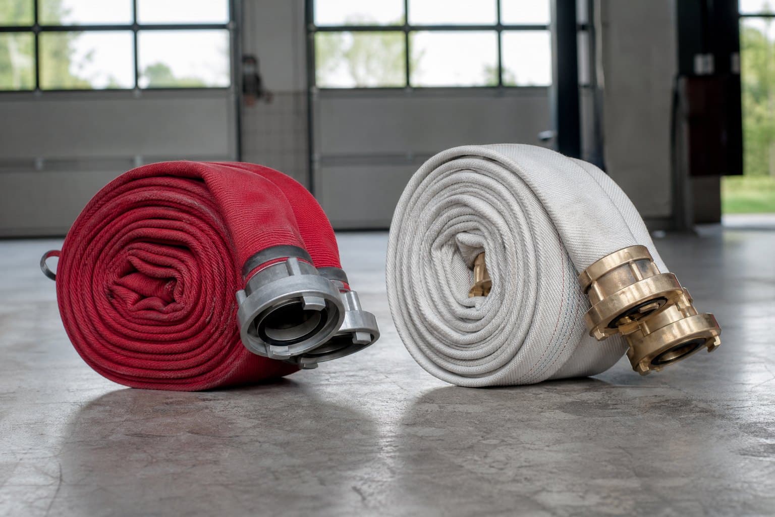 Rolled red double-jacket fire hose with aluminium couplings beside a white single-jacket hose with brass couplings