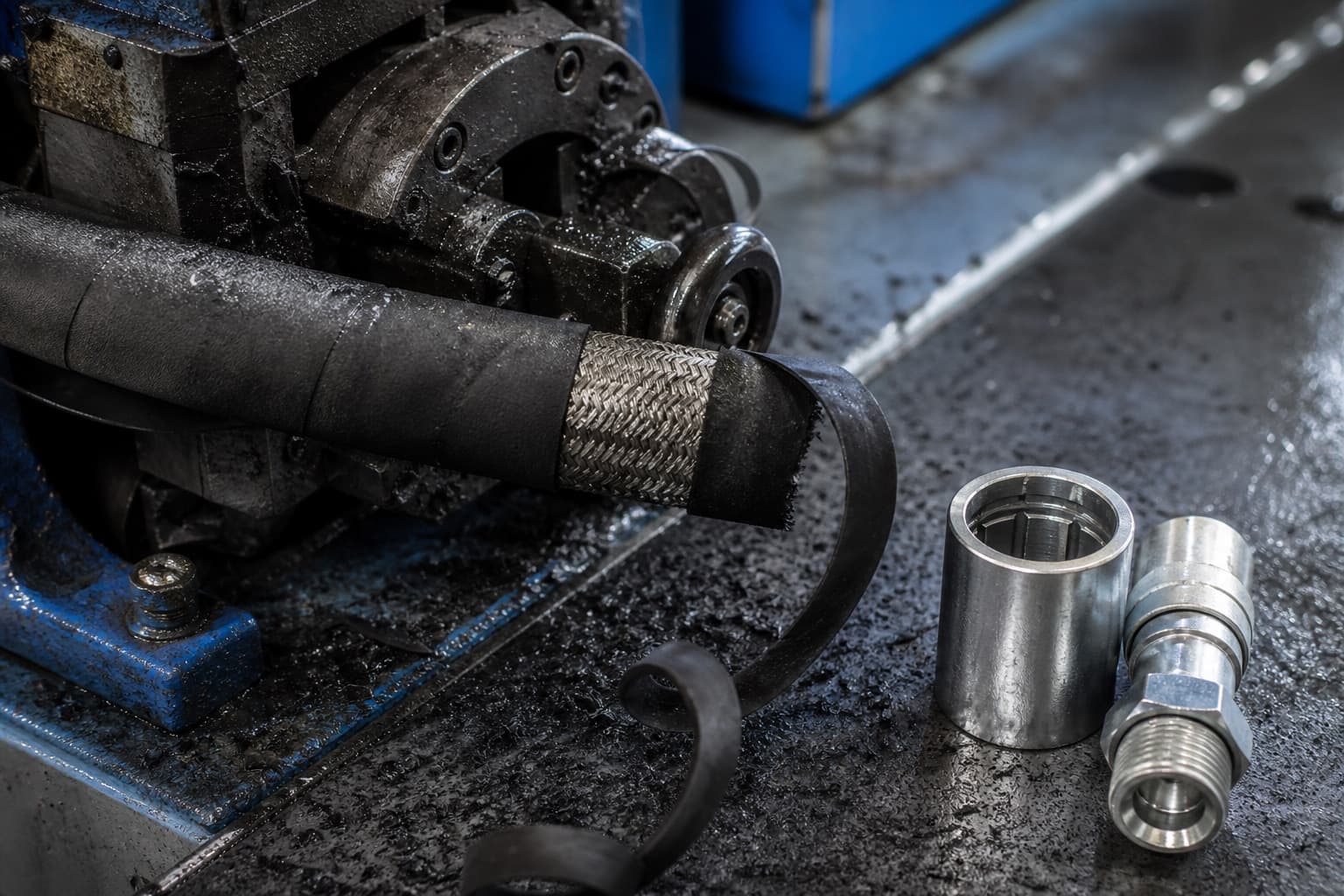 A hose end in a skiving machine with the rubber cover peeling away to expose bright steel braid, ferrule and fitting waiting beside it
