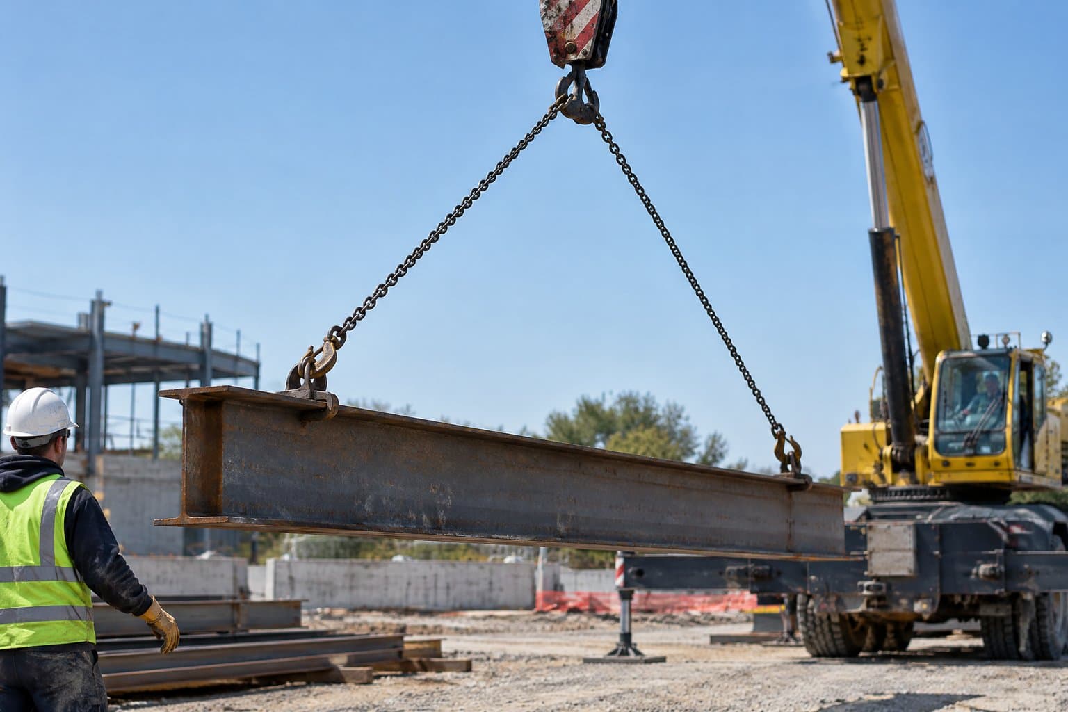 A crane lifting a steel beam on a two-leg chain sling, the legs spread at a wide angle