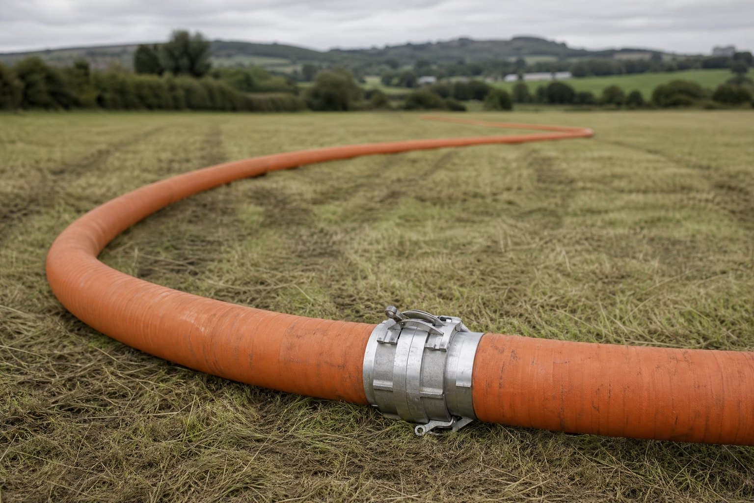 Orange lay flat slurry drag hose curving across a cut grass field, joined by an aluminium coupling in the foreground