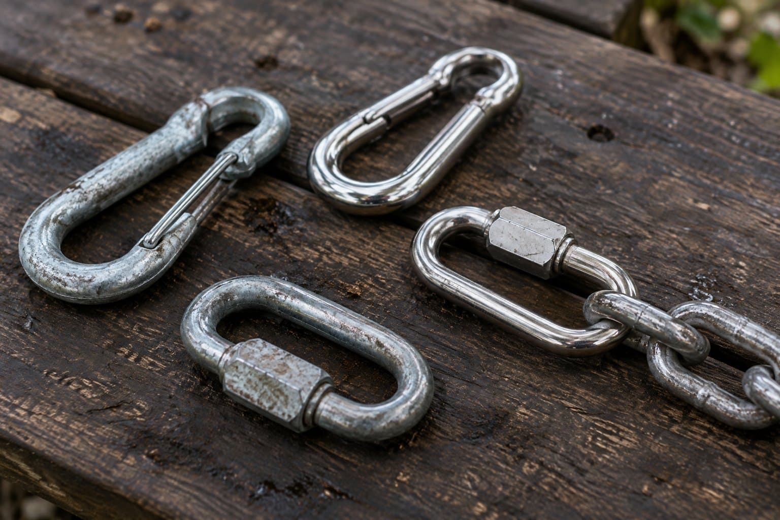 Snap hooks and screw-gate quick links laid on a wooden bench, a short chain on one link