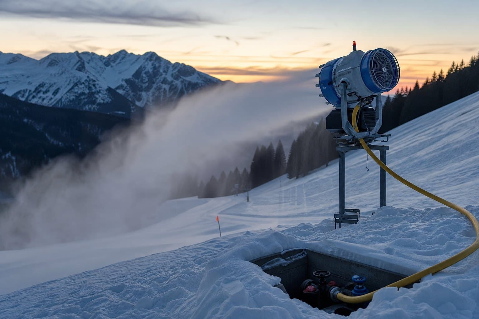 Snowmaking fan gun on a ski slope at dusk fed by a yellow hose from a snow hydrant pit beside the piste