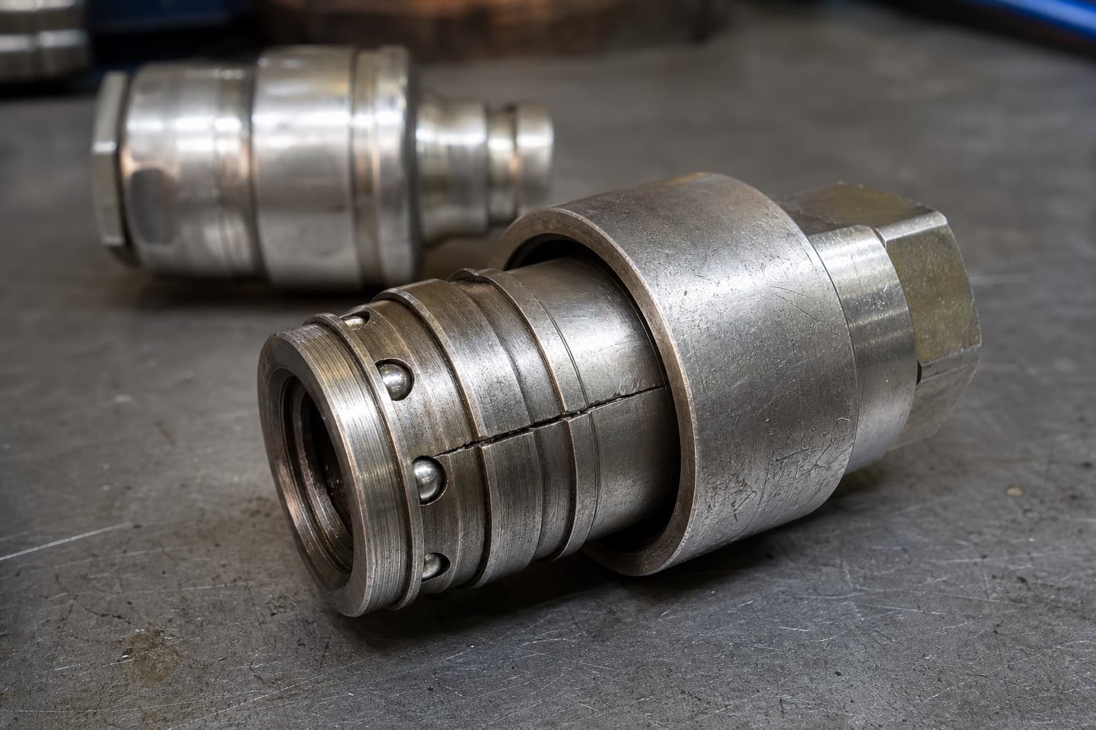 The female half of a hydraulic quick coupler on a bench with a clean lengthwise crack through the body at the locking ball groove