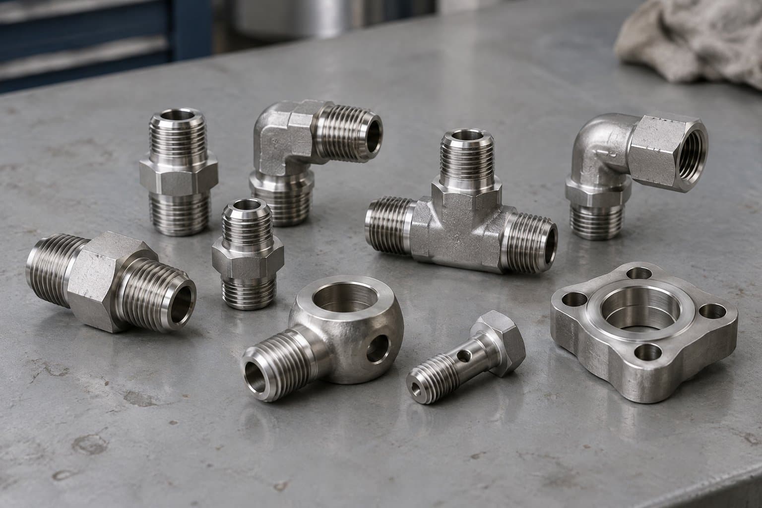 Passivated 316L stainless hydraulic fittings — adapters, elbows, tees, a banjo and an SAE flange — laid out on a bench